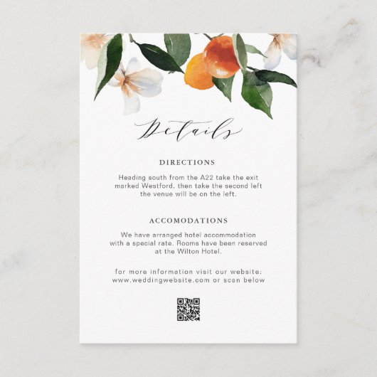 moderne waterverf citrus sinaasappels bruiloft det informatiekaartje (Voorkant)