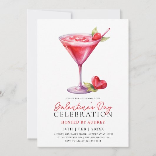 Moderne Waterverf Cocktail Galentine's Day Party Kaart (Voorkant)