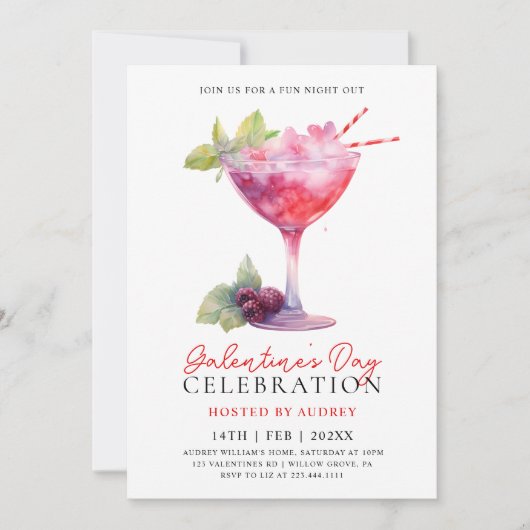 Moderne Waterverf Cocktail Galentine's Day Party Kaart (Voorkant)