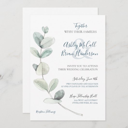 Moderne Waterverf eucalyptus bruiloft uitnodigen Kaart (Voorkant / Achterkant)