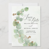 Moderne Waterverf Eucalyptus Greenery Gold Accent Save The Date (Voorkant)