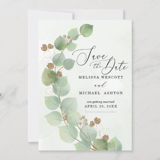 Moderne Waterverf Eucalyptus Greenery Gold Accent Save The Date (Voorkant)