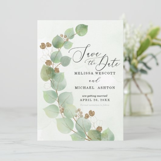Moderne Waterverf Eucalyptus Greenery Gold Accent Save The Date (Staand voorkant)