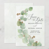 Moderne Waterverf Eucalyptus Greenery Gold Accent Save The Date (Voorkant / Achterkant)