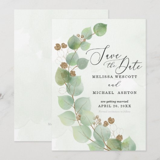 Moderne Waterverf Eucalyptus Greenery Gold Accent Save The Date (Voorkant / Achterkant)