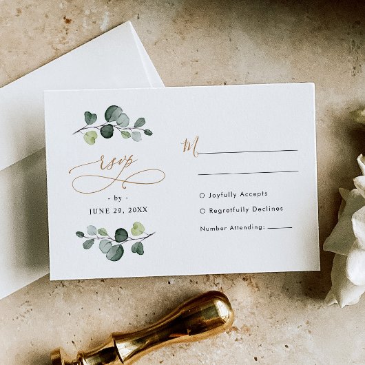 Moderne Waterverf Eucalyptus Greenery Gold Wedding RSVP Kaartje