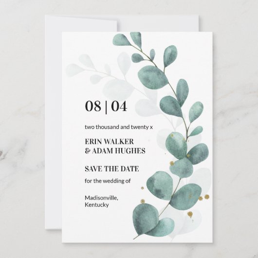 Moderne Waterverf Eucalyptus Greenery Save The Date (Voorkant)