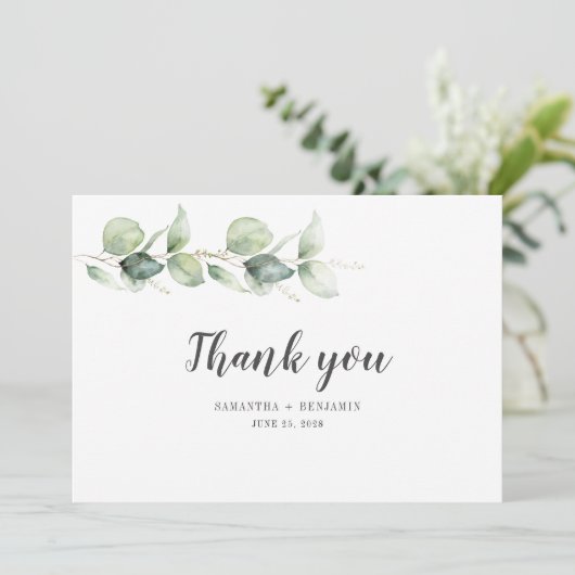 Moderne Waterverf Eucalyptus Greenery Wedding Bedankkaart (Staand voorkant)