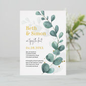 Moderne Waterverf Eucalyptus Greenery Wedding Gold Folie Uitnodiging (Staand Voorkant)