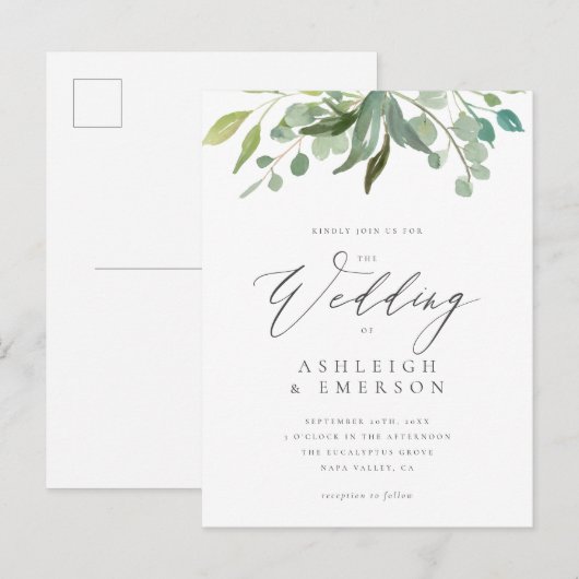 Moderne Waterverf Eucalyptus Greenery Wedding Uitnodiging Briefkaart (Voorkant / Achterkant)