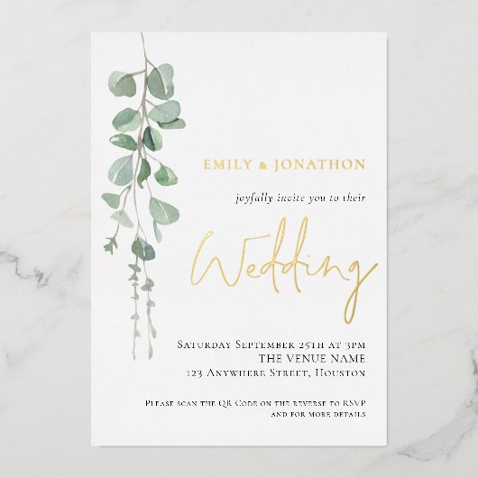 Moderne Waterverf Eucalyptus Huwelijk Goud Echt Folie Uitnodiging (Voorkant)