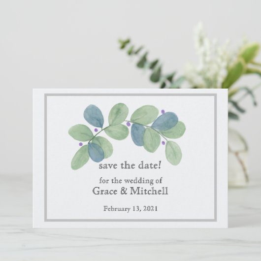 Moderne Waterverf Eucalyptus Save The Date (Staand voorkant)