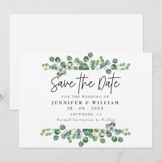Moderne Waterverf Eucalyptus Save the Date Kaart (Voorkant / Achterkant)