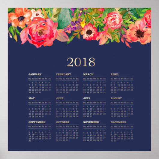 Moderne Waterverf Floral 2018 Agenda Poster (Voorkant)