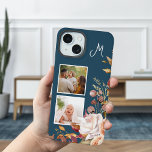 Moderne Waterverf Floral 2-foto monogram iPhone 15 Case<br><div class="desc">Trendy en modern hoekcluster van  waterverf bloemen,  twee vierkante fotosjablonen en monogram tekstveld met aanpasbare achtergrondkleur.</div>