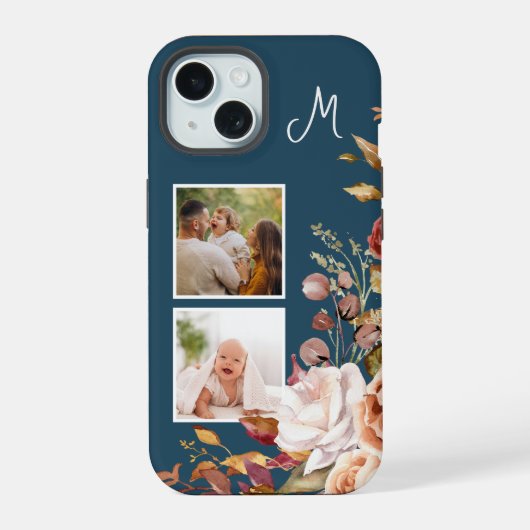Moderne Waterverf Floral 2-foto monogram iPhone 15 Case (Achterkant)