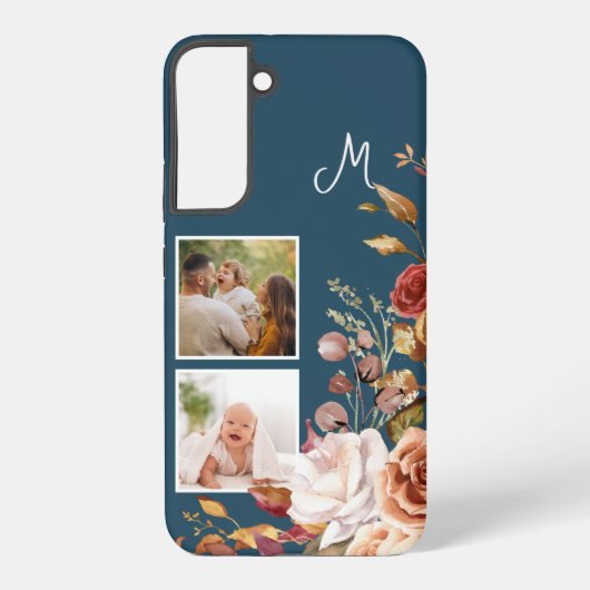 Moderne Waterverf Floral 2-foto monogram Samsung Galaxy Hoesje (Achterkant)