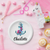 Moderne Waterverf Floral Anchor Illustration Papieren Bordje (Feest)