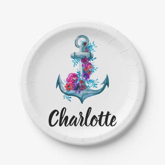 Moderne Waterverf Floral Anchor Illustration Papieren Bordje (Voorkant)