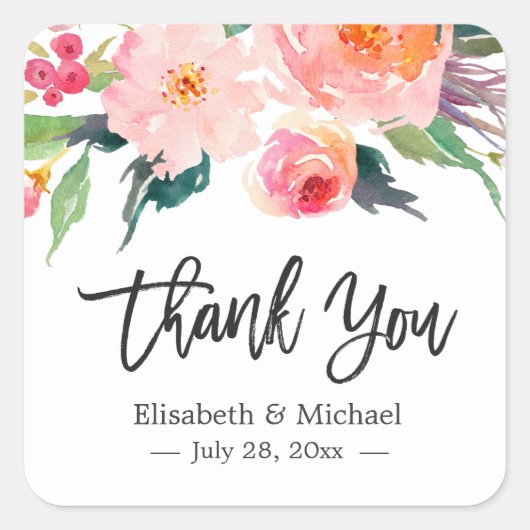 Moderne Waterverf Floral bedankt voor je huwelijk Vierkante Sticker (Voorkant)