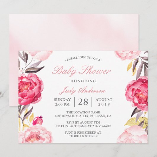 Moderne Waterverf Floral Botanisch Baby shower Kaart (Voorkant / Achterkant)