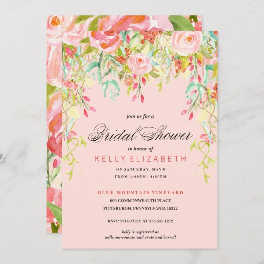 MODERNE WATERVERF FLORAL brudal doucheuitnodiging Kaart (Voorkant / Achterkant)