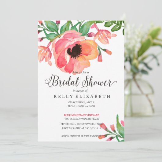 MODERNE WATERVERF FLORAL brudal doucheuitnodiging Kaart (Staand voorkant)