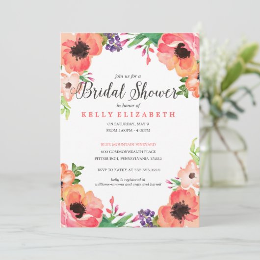 MODERNE WATERVERF FLORAL brudal doucheuitnodiging Kaart (Staand voorkant)