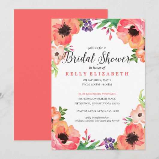 MODERNE WATERVERF FLORAL brudal doucheuitnodiging Kaart (Voorkant / Achterkant)