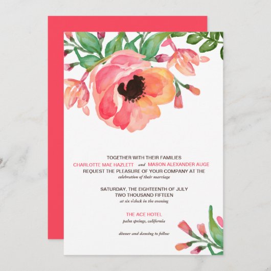 MODERNE WATERVERF FLORAL bruiloft-uitnodiging Kaart (Voorkant / Achterkant)
