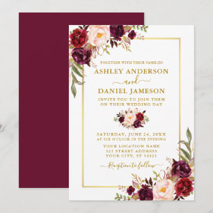 Moderne Waterverf Floral Burgundy Wedding Gold Kaart