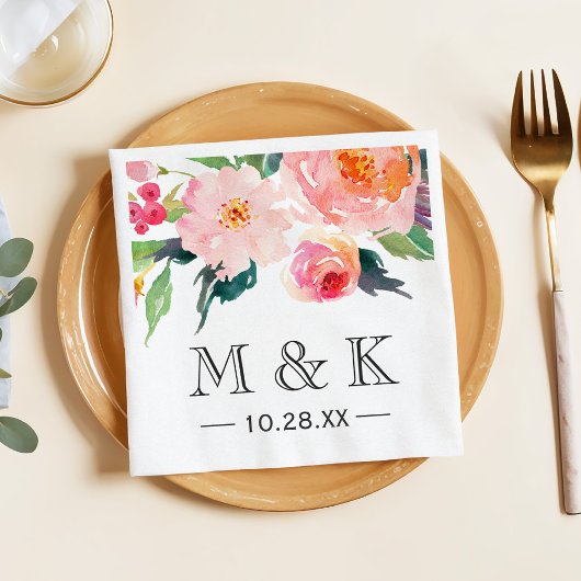 Moderne Waterverf Floral Couple Monogram Weddensch Servetten