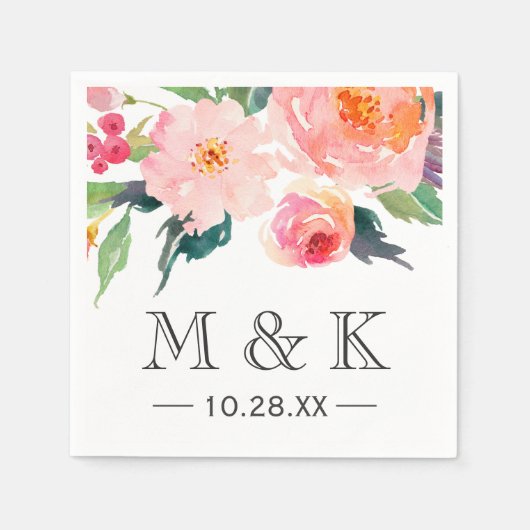 Moderne Waterverf Floral Couple Monogram Weddensch Servetten (Voorkant)