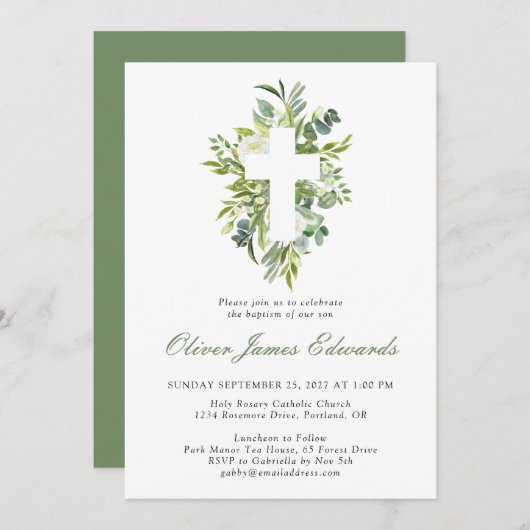 Moderne Waterverf Floral Cross Sage Green Baptisme Kaart (Voorkant / Achterkant)