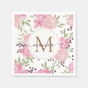 Moderne Waterverf Floral Gold Monogram Naam Napkin Servet