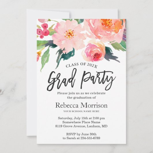Moderne Waterverf Floral Graduation Party Kaart (Voorkant)