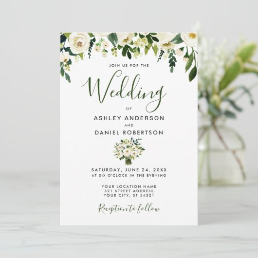 Moderne Waterverf Floral Green Wedding Invite Kaart (Staand voorkant)