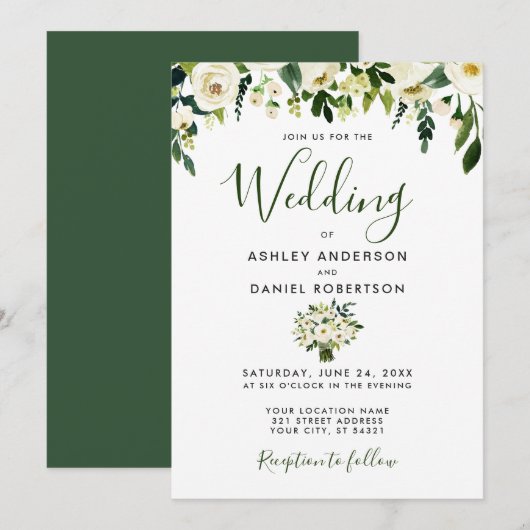 Moderne Waterverf Floral Green Wedding Invite Kaart (Voorkant / Achterkant)