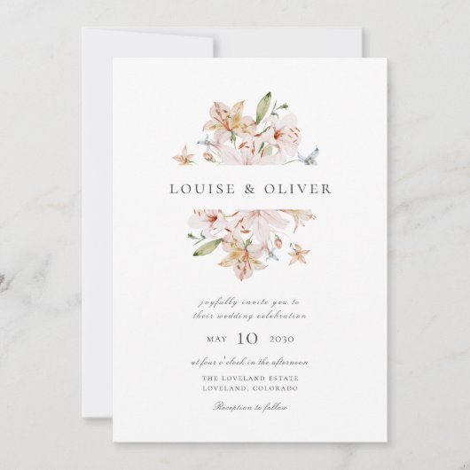 Moderne Waterverf Floral Lilies Wedding Kaart (Voorkant)