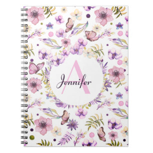 Moderne Waterverf Floral Monogram Girly White Notitieboek