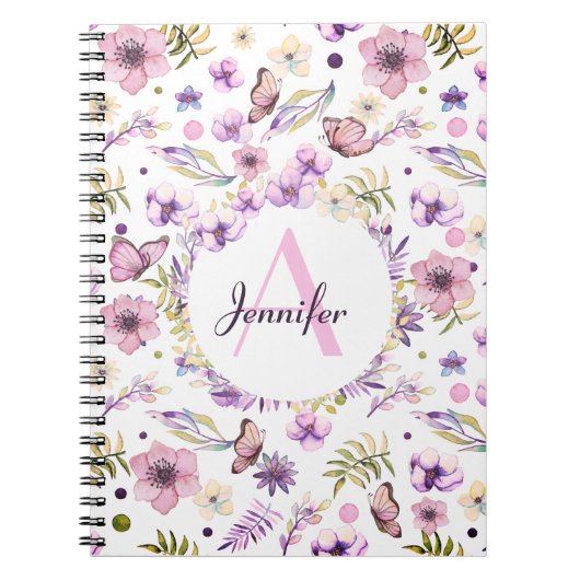 Moderne Waterverf Floral Monogram Girly White Notitieboek (Voorkant)