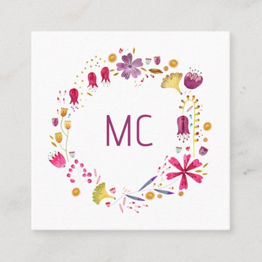 Moderne Waterverf Floral Monogram QR Code Vierkante Visitekaartje (Voorkant)