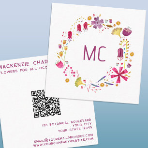 Moderne Waterverf Floral Monogram QR Code Vierkante Visitekaartje