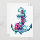 Moderne Waterverf - Floral Nautical Blue Anchor Briefkaart (Voorkant / Achterkant)