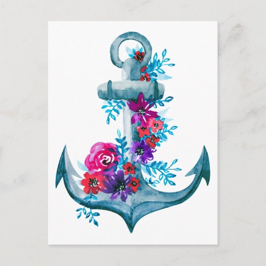 Moderne Waterverf - Floral Nautical Blue Anchor Briefkaart (Voorkant)