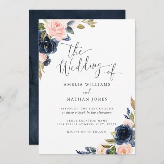 Moderne Waterverf Floral Navy Blush Wedding Kaart (Voorkant / Achterkant)