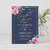 Moderne Waterverf Floral Navy & Gold Vrijgezellenf Kaart (Staand voorkant)