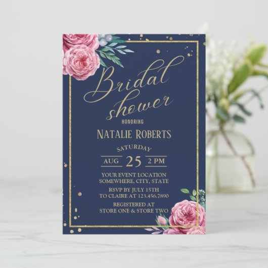 Moderne Waterverf Floral Navy & Gold Vrijgezellenf Kaart (Staand voorkant)