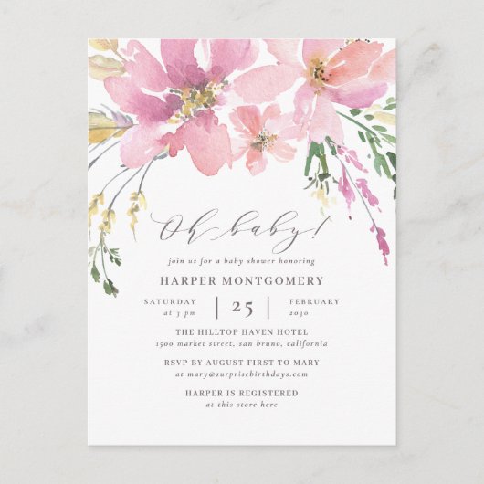 Moderne Waterverf Floral Oh Baby Baby Girl Shower Uitnodiging Briefkaart (Voorkant)
