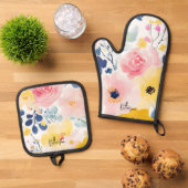 Moderne Waterverf Floral Pattern Ovenwant & Pannenlap Set (Top down)